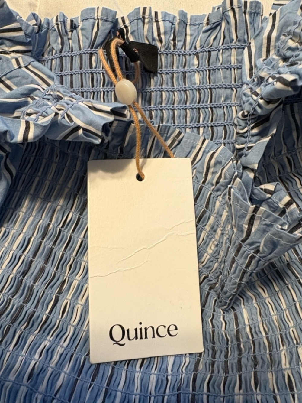 Quince 100% Organic Cotton Smocked Midi Dress L Azure Stripe Summer Vacation NWT - Picture 5 of 8